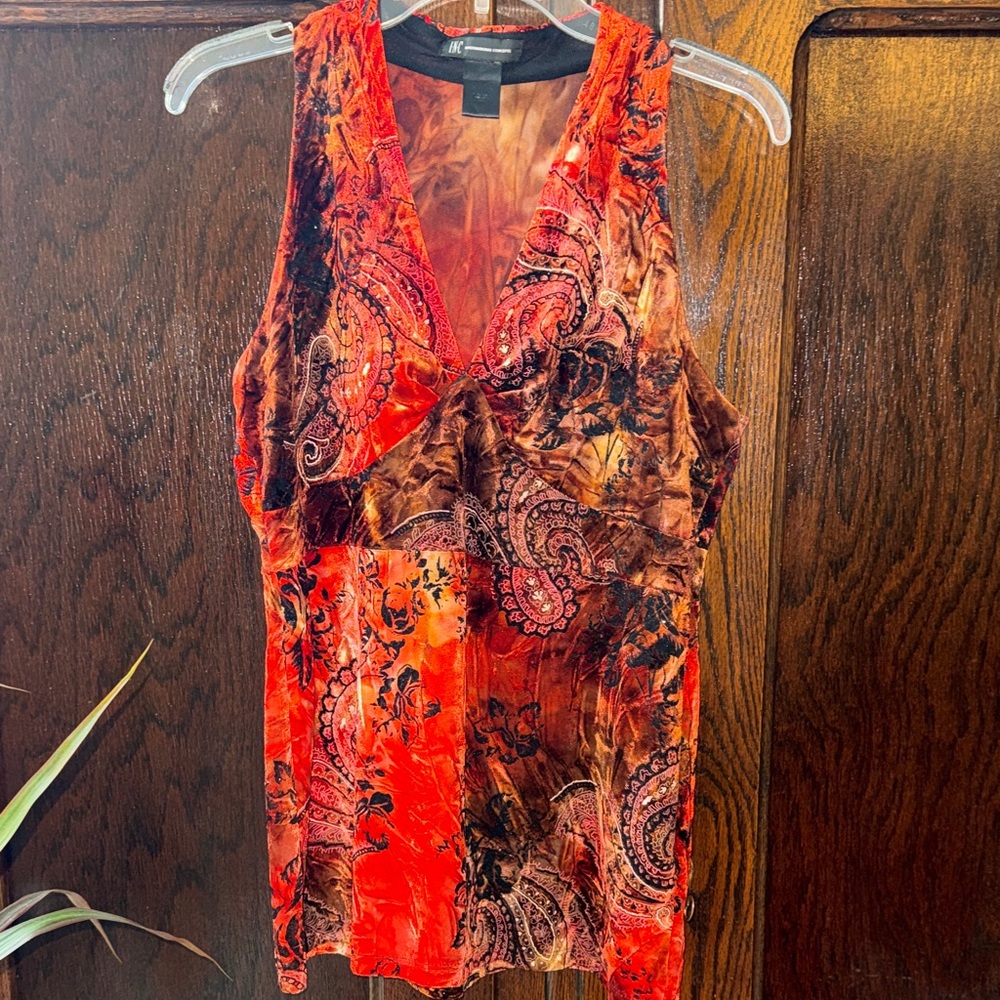 INC International Concepts Orange & Black Paisley Velvet Sleeveless Top